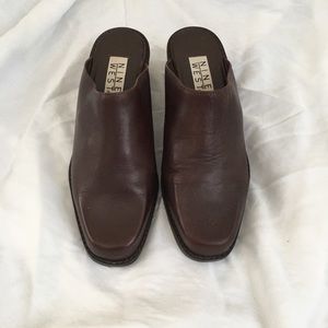 Vintage Leather Square Toe Block Heel Slides Mules